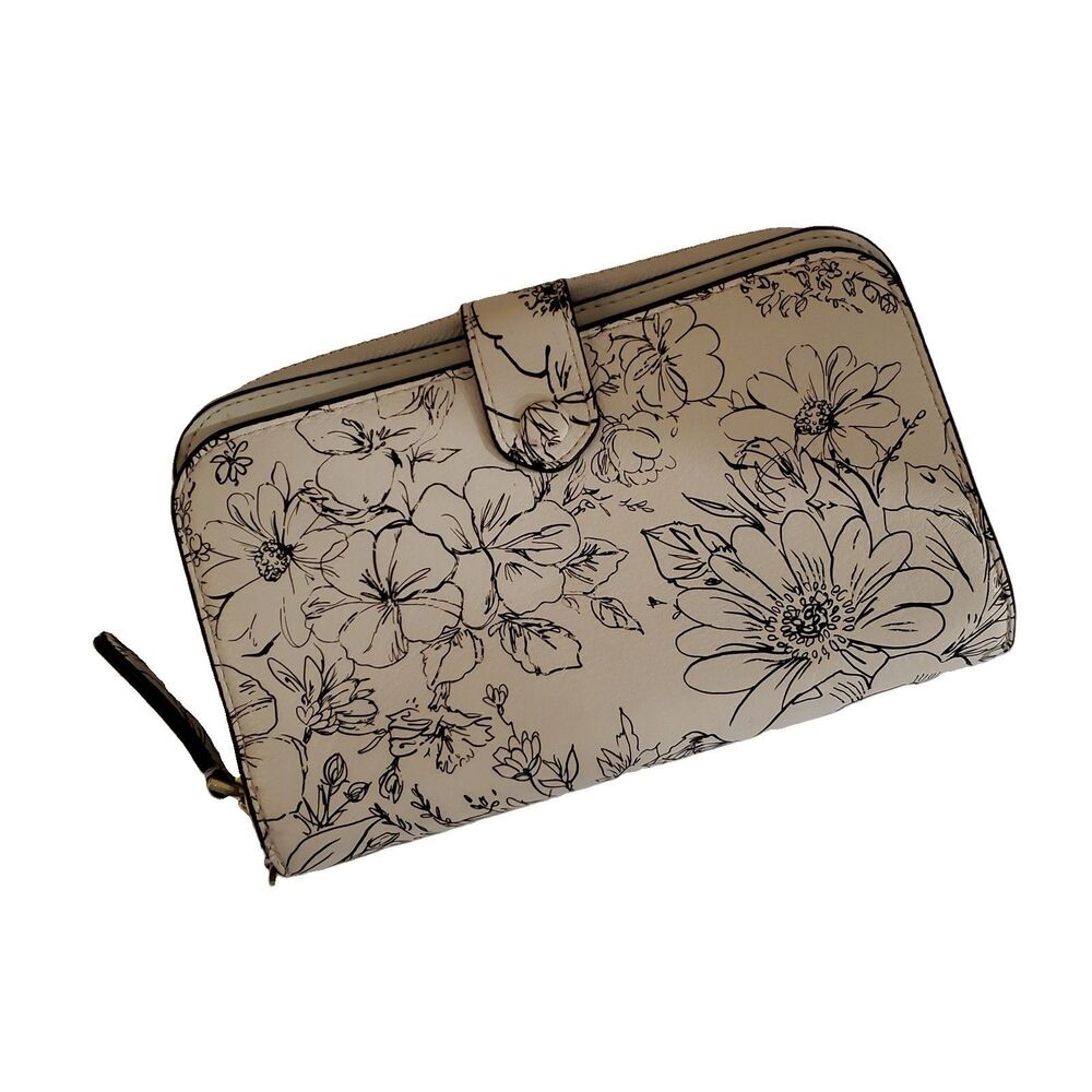 Vera Bradley Leather Large Tab Wallet in Bloom Cottage Cream Floral Line Design